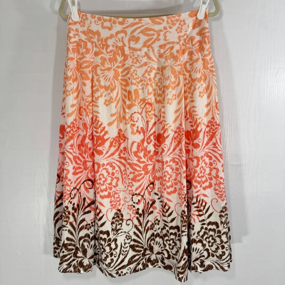 Coldwater Creek Floral boho Pleated Midi Skirt A-Line‎ Orange Brown Women Size S
